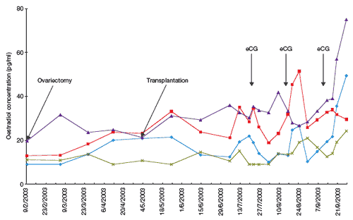 Figure 6. Oestradiol (pg/ml) concentrations in four cattle that underwent vitrified ovarian tissue transplantation. Two months after transplantation, all cows experienced two consecutive oestrus cycles and raised oestradiol concentrations after equine chorionic gonadotrophin injections.